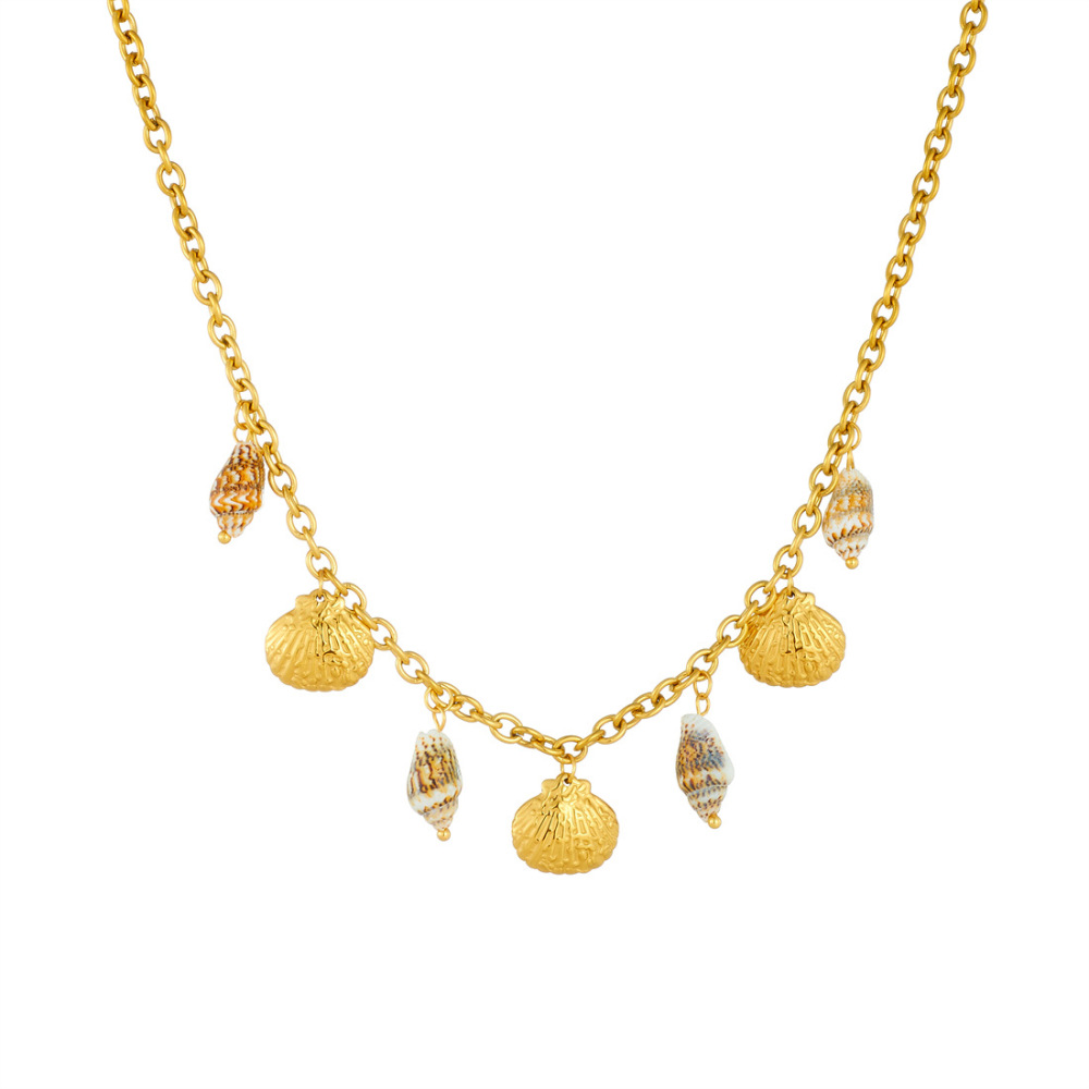Cross-border fashion, unique retro bohemian style, seashell and scallop gold-plated pendant chain stainless steel jewelry necklace