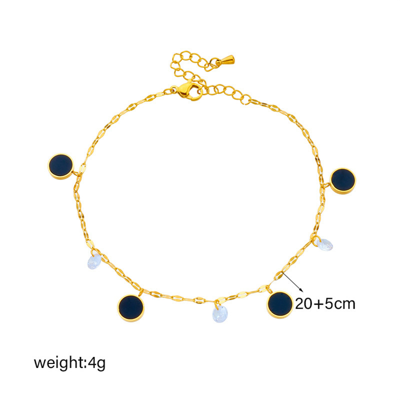European and American style retro minimalist transparent diamond black round pendant chain titanium steel beach style anklet