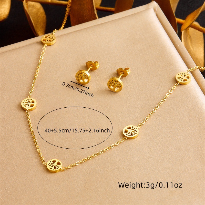 European and American cross-border minimalist versatile hollowed-out round smooth Tree of Life accessory chain necklace earring bracelet set