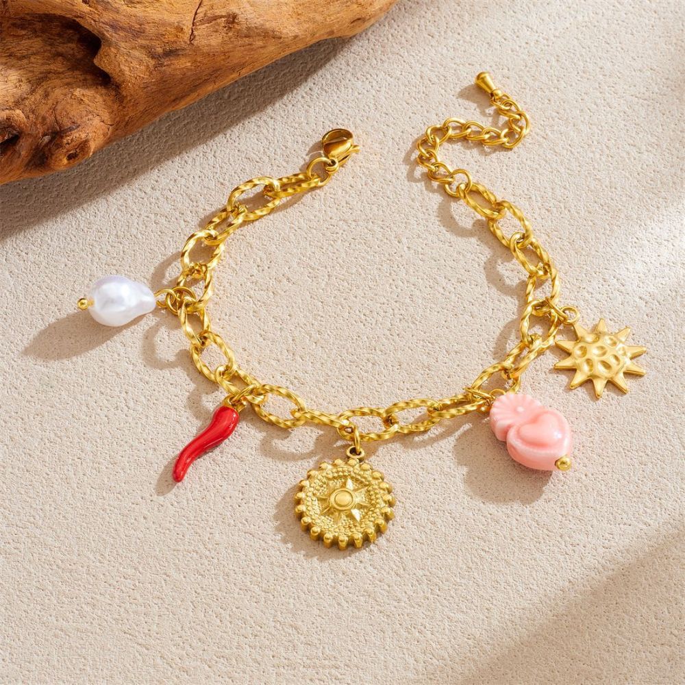 Cross-border fashion gold-plated stainless steel plant flower heart disc sun pendant chain jewelry bracelet