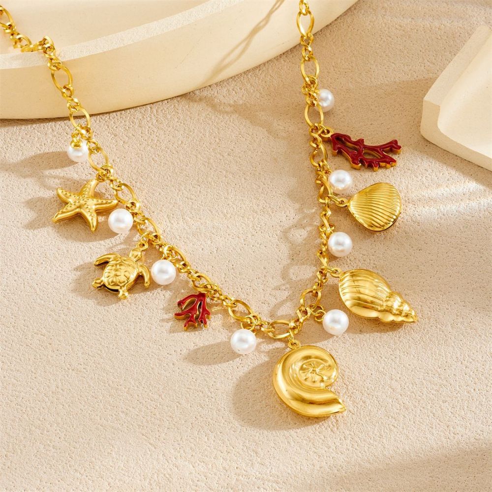 Cross-border fashion niche design gold-plated starfish, conch, coral dripping oil pendant stainless steel chain personalized necklace