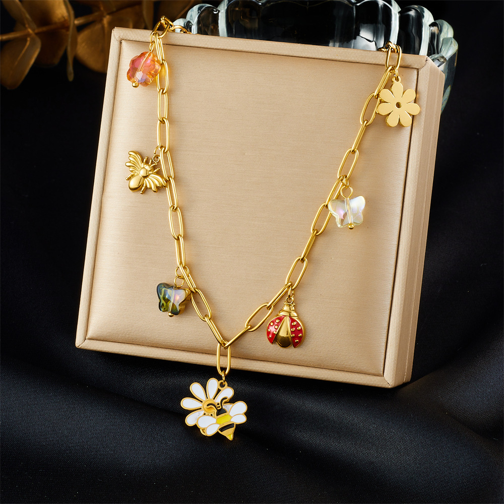New cross-border fashion cartoon pastoral style dripping flower bee ladybug pendant accessory stainless steel jewelry set