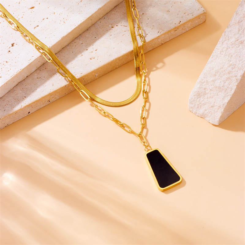 Cross-border European and American minimalist retro black quadrilateral pendant multi-chain necklace ring earring set