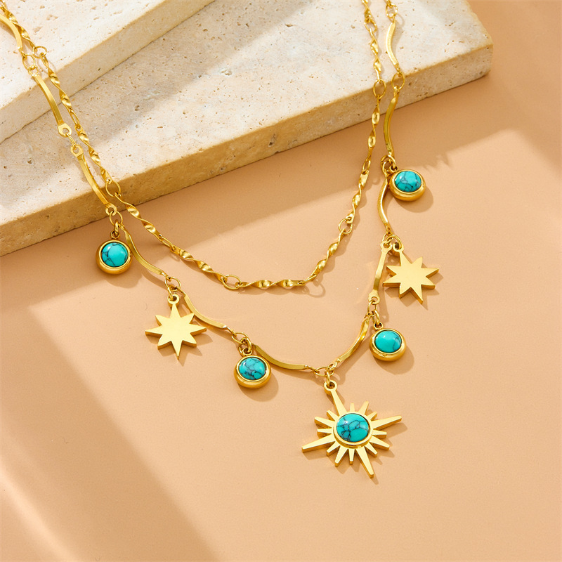 Retro-style turquoise star necklace, versatile, double-layered, unique design, stainless steel jewelry for women.