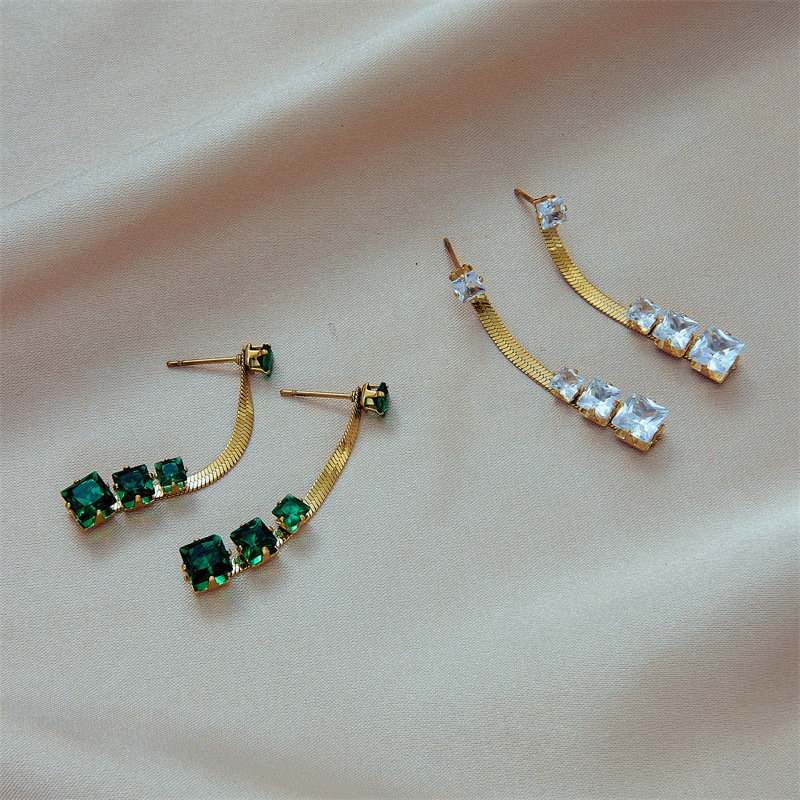 Korean style niche fashion minimalist blade chain square transparent green diamond-encrusted earrings retro titanium steel metal studs