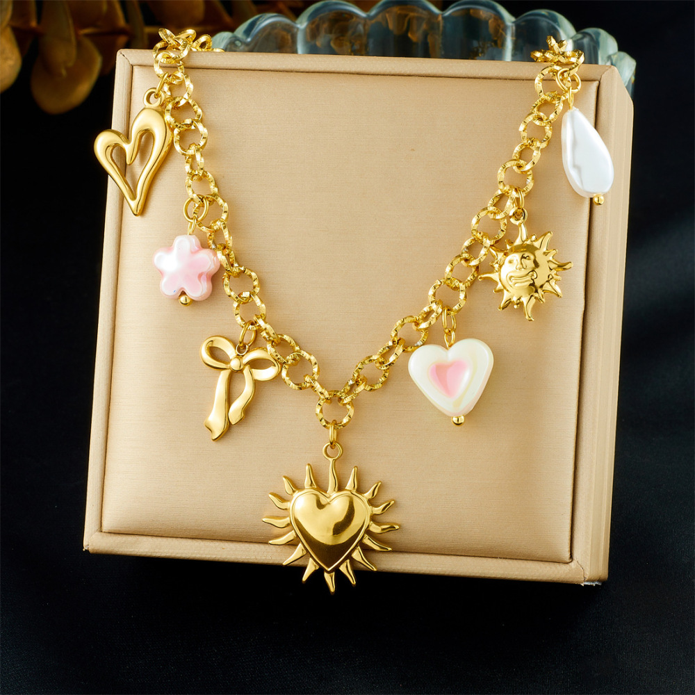 European and American cross-border multi-element gold-plated sun heart bow pendant pearl sparkling O chain stainless steel clavicle necklace