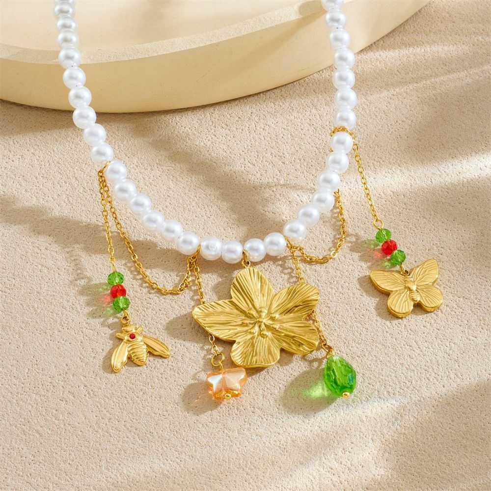 New cross-border fashion stainless steel beaded women's necklace with sunflower pendant and tassel.