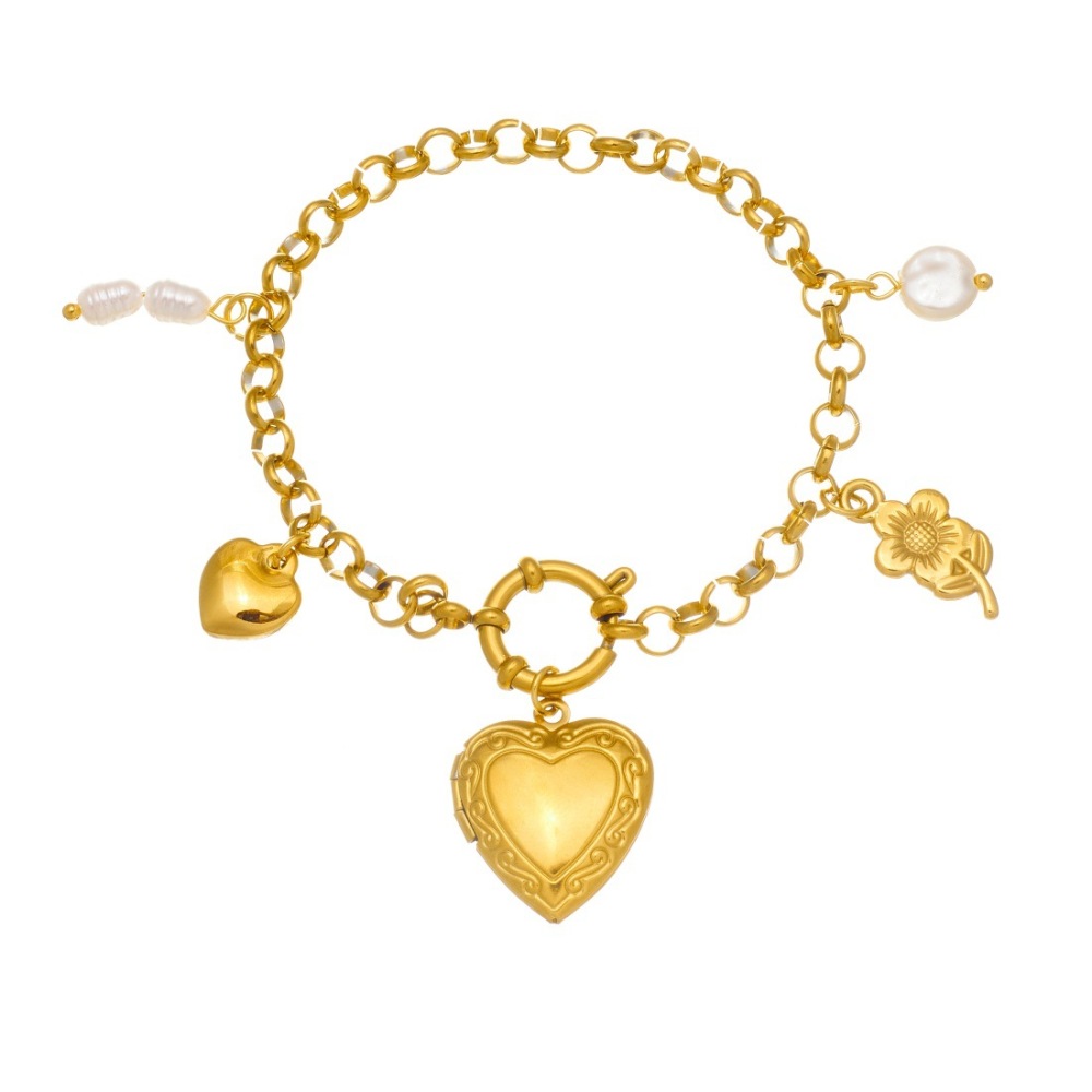 European and American style gold-plated carved smooth heart pendant small flower accessories chain pearl round spring buckle bracelet