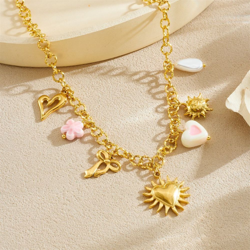 European and American cross-border multi-element gold-plated sun heart bow pendant pearl sparkling O chain stainless steel clavicle necklace