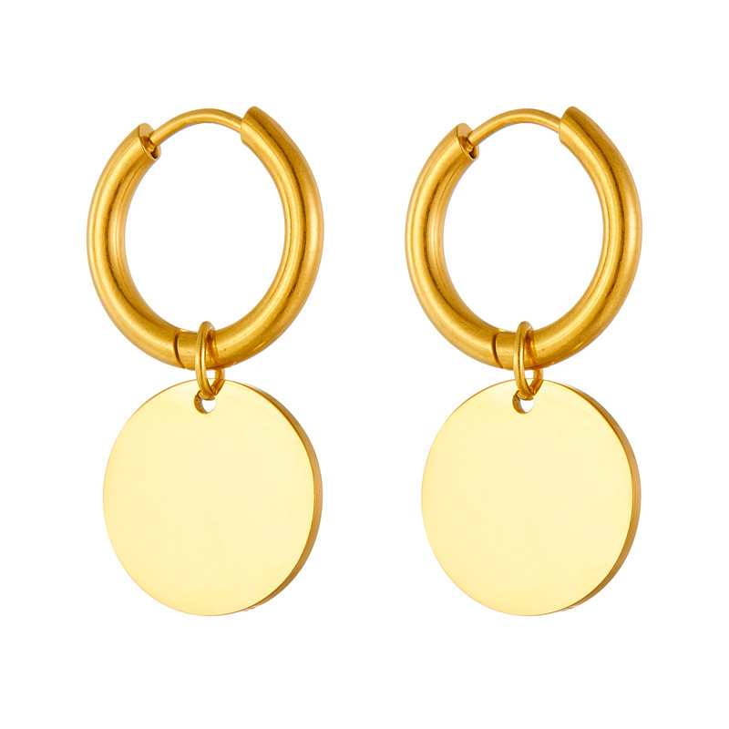 European and American style niche personalized glossy gold-plated stainless steel round geometric pendant earrings