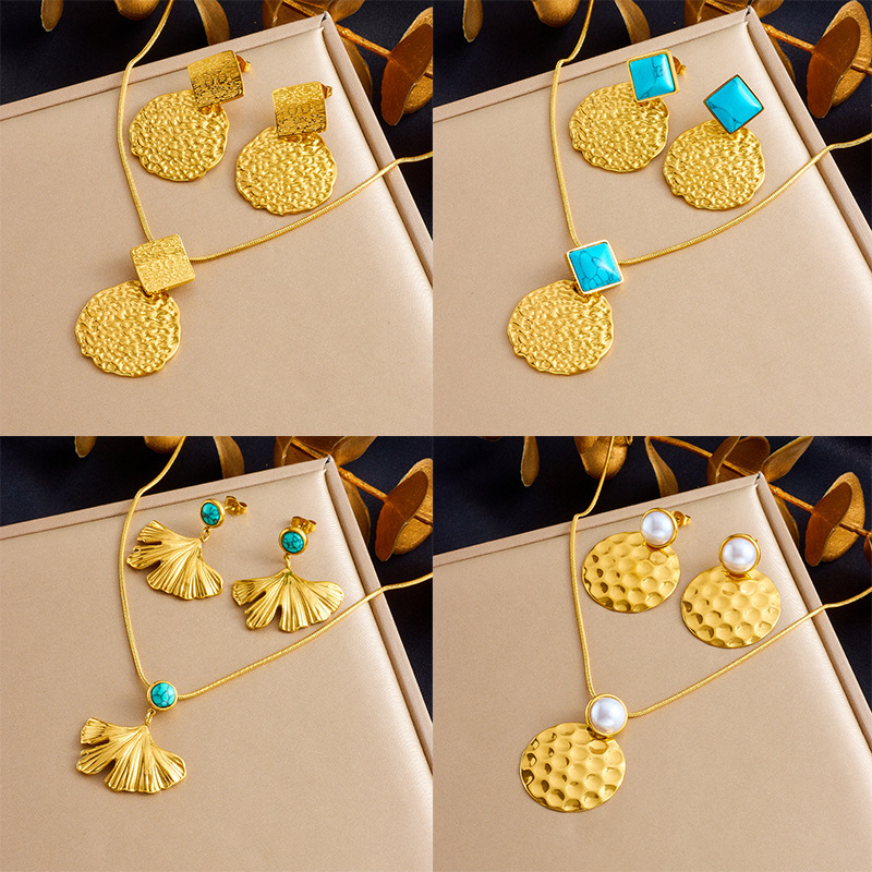 New Chinese style retro fashion versatile ginkgo blue turquoise square and circle concave and convex pendant earring necklace set