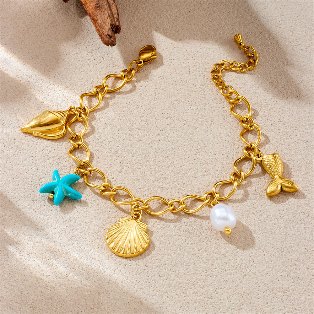 European and American style stainless steel pearl personalized ocean series seashell starfish pendant versatile 18K gold plated bracelet
