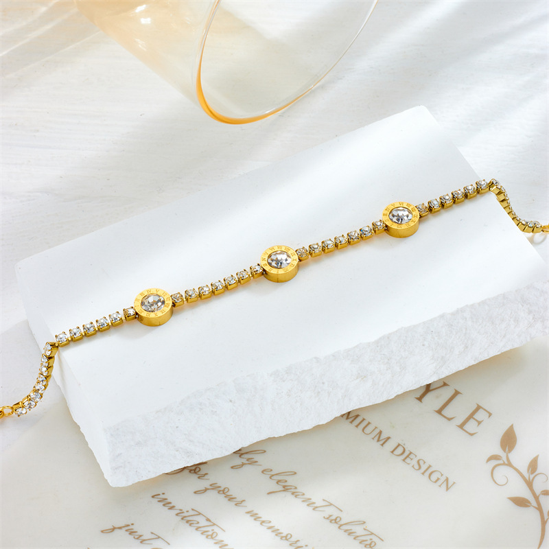 Stylish, elegant, minimalist, and luxurious diamond-encrusted Roman pendant accessory on a titanium steel bracelet.