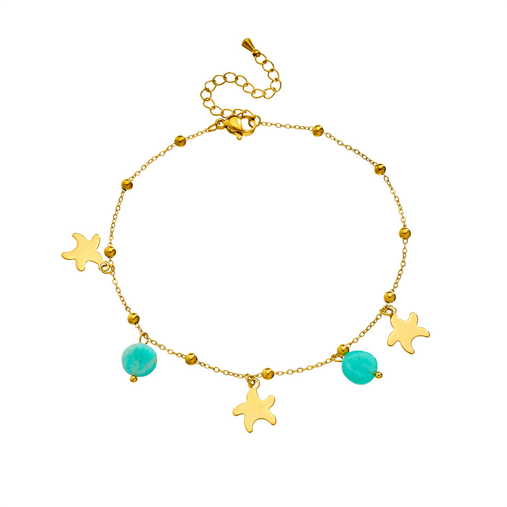 Niche fashion versatile mint green stone pendant, polished starfish, gold-plated stainless steel chain, jewelry anklet.