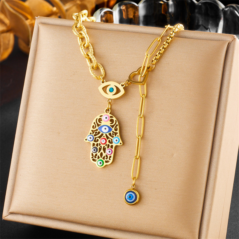 European and American cross-border fashion high-end retro double-layered gold-plated stainless steel chain palm eye pendant necklace