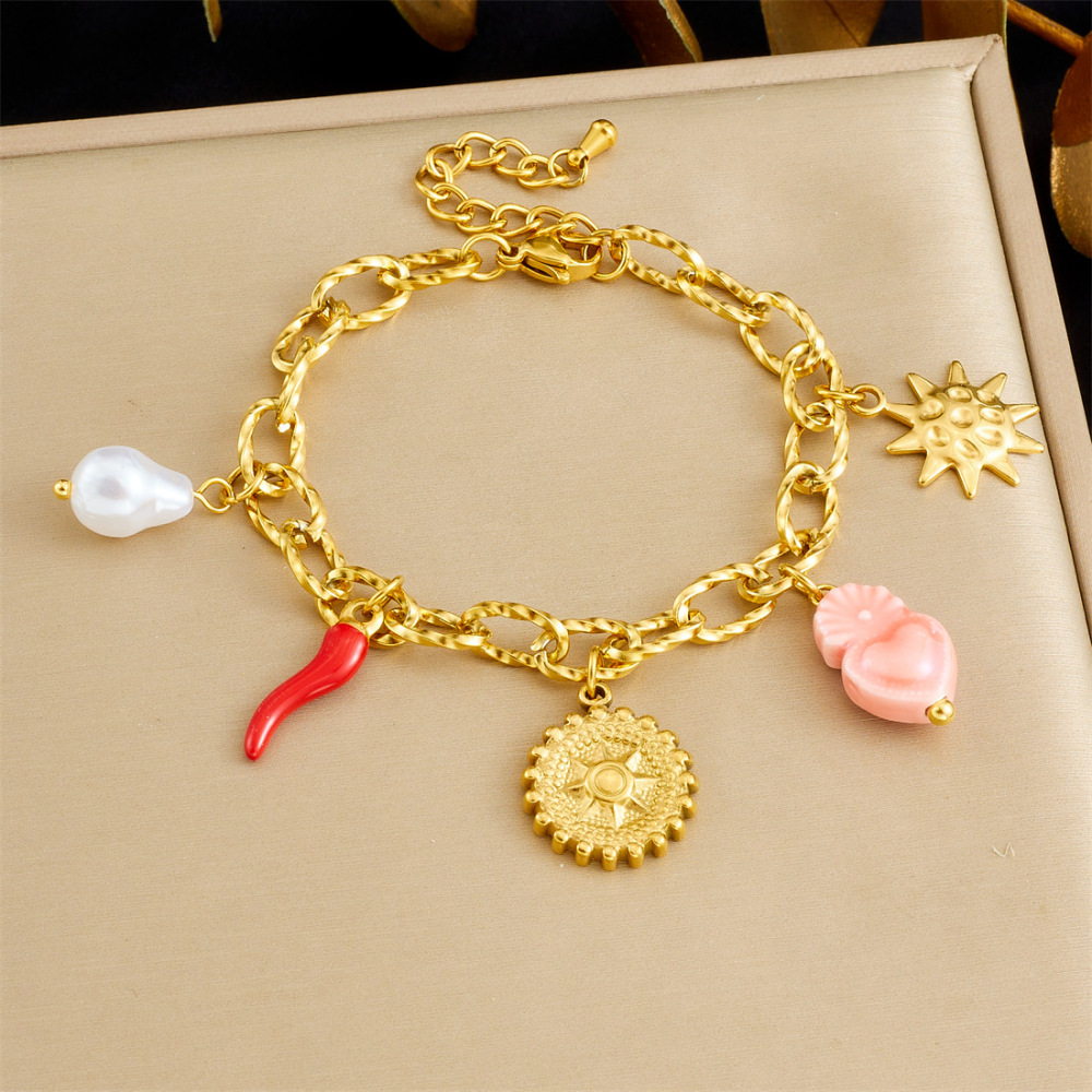 Cross-border fashion gold-plated stainless steel plant flower heart disc sun pendant chain jewelry bracelet