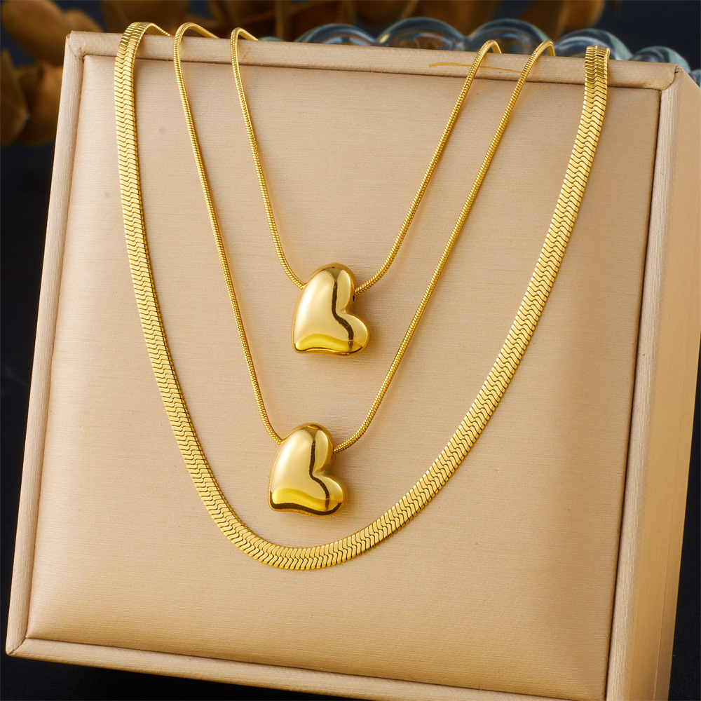 New European and American cross-border fashion style gold-plated smooth heart pendant multi-layer chain stainless steel minimalist style necklace