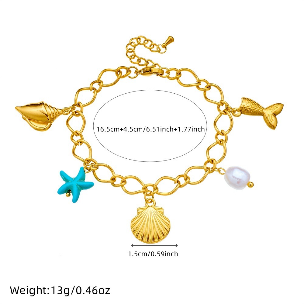 European and American style stainless steel pearl personalized ocean series seashell starfish pendant versatile 18K gold plated bracelet