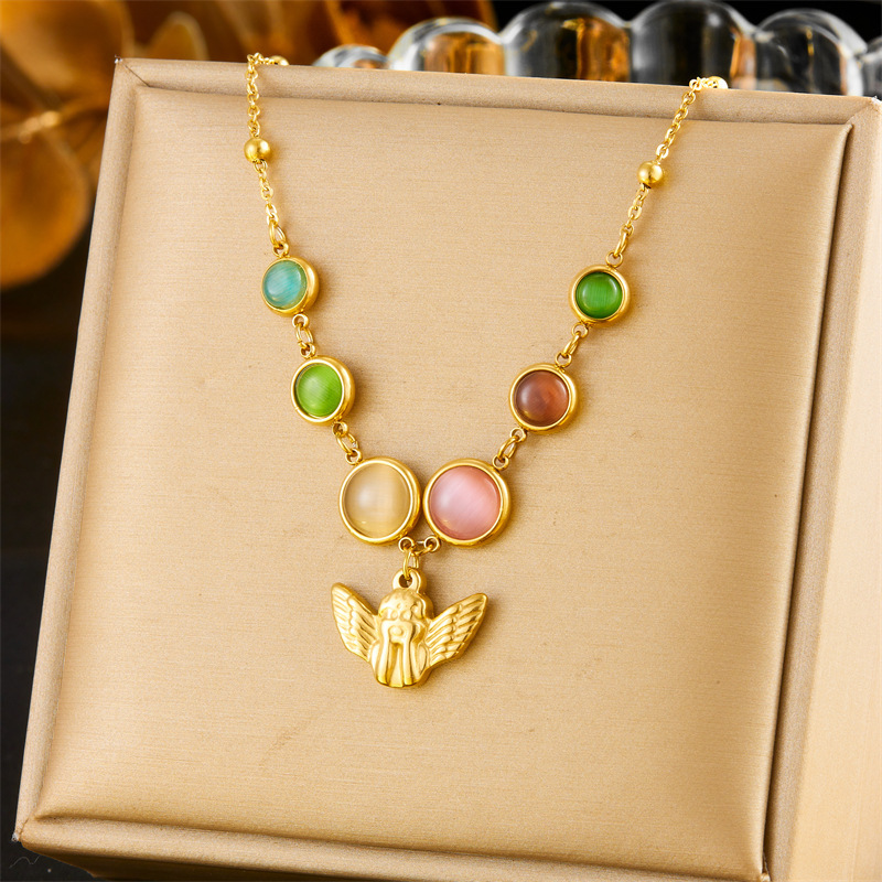 Korean style fashion cross-border new colorful gemstone accessories gold-plated bow angel chain stainless steel jewelry necklace