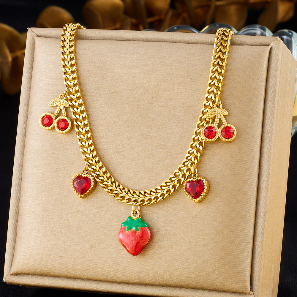 European and American cross-border creative fresh fruit series design three-dimensional strawberry and cherry pendant chain stainless steel necklace