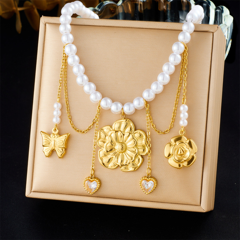 New cross-border fashion stainless steel beaded women's necklace with sunflower pendant and tassel.