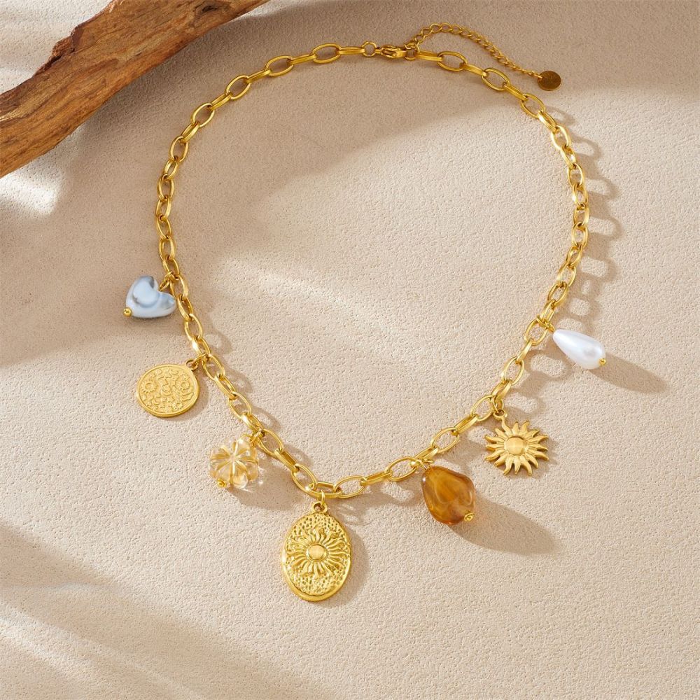 European and American style retro gold-plated oval sunflower pearl pendant accessory stainless steel chain necklace