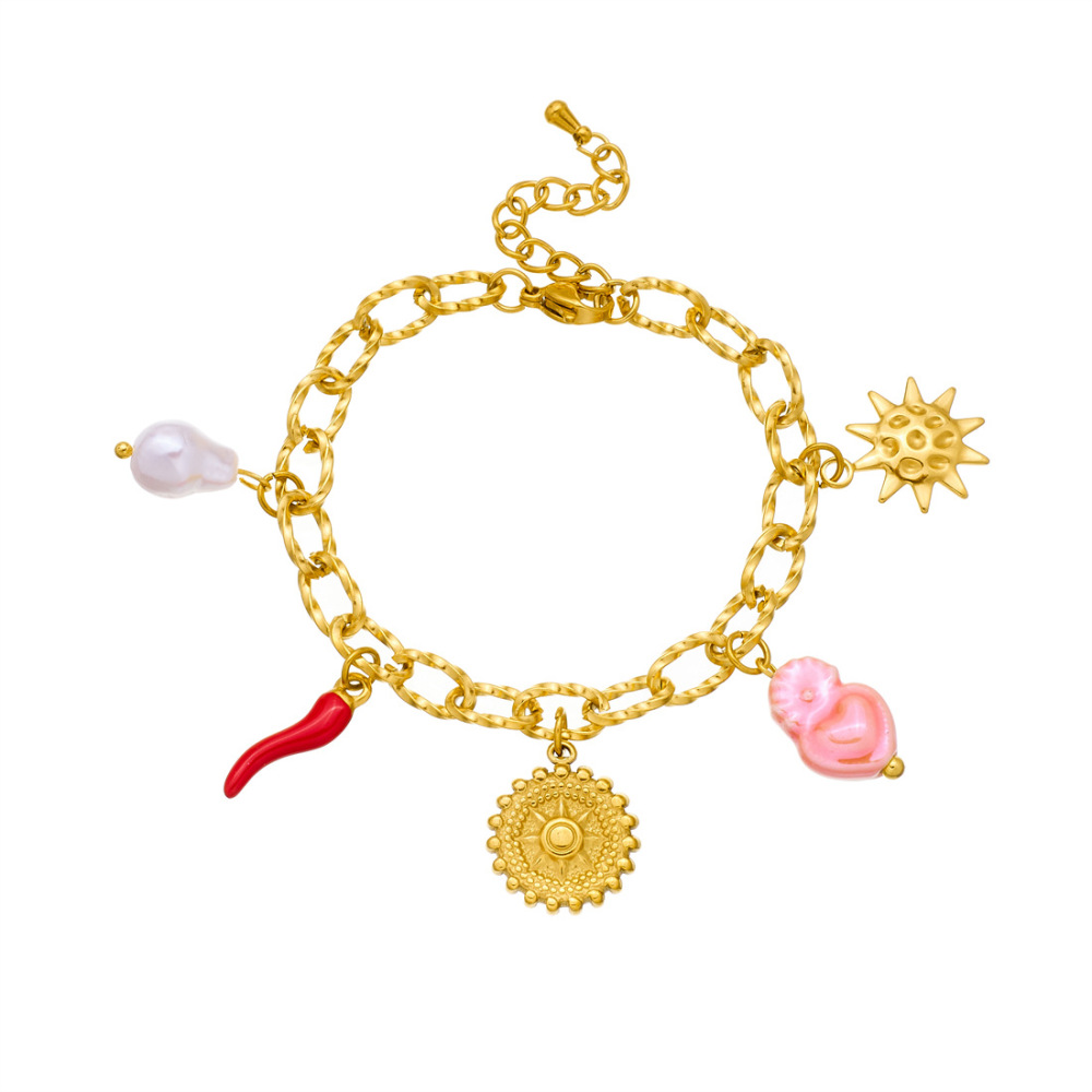 Cross-border fashion gold-plated stainless steel plant flower heart disc sun pendant chain jewelry bracelet