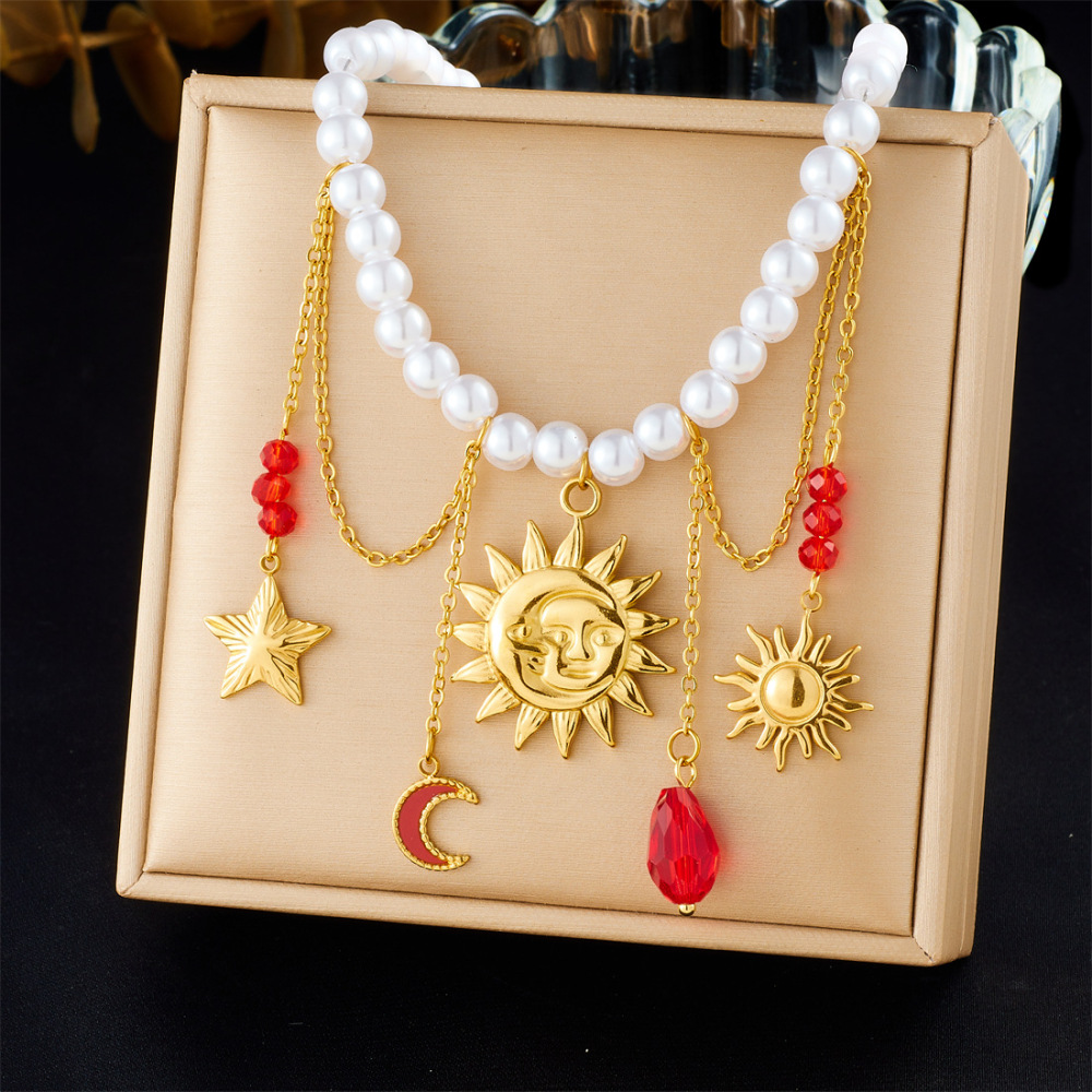 New cross-border fashion stainless steel beaded women's necklace with sunflower pendant and tassel.