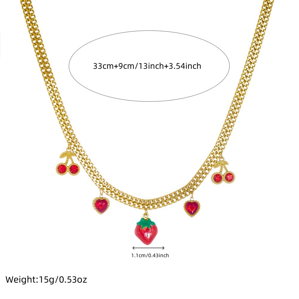 European and American cross-border creative fresh fruit series design three-dimensional strawberry and cherry pendant chain stainless steel necklace