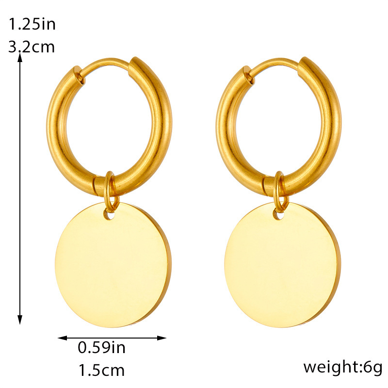 European and American style niche personalized glossy gold-plated stainless steel round geometric pendant earrings