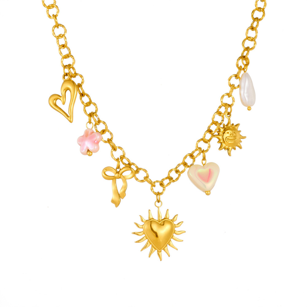 European and American cross-border multi-element gold-plated sun heart bow pendant pearl sparkling O chain stainless steel clavicle necklace