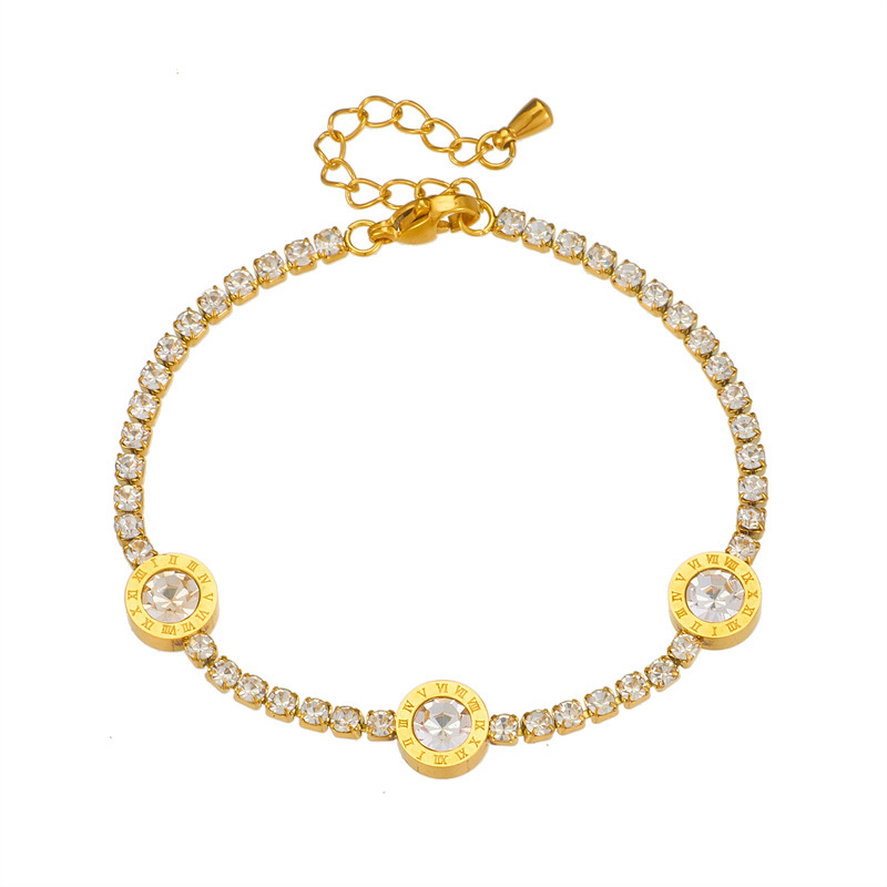 Stylish, elegant, minimalist, and luxurious diamond-encrusted Roman pendant accessory on a titanium steel bracelet.