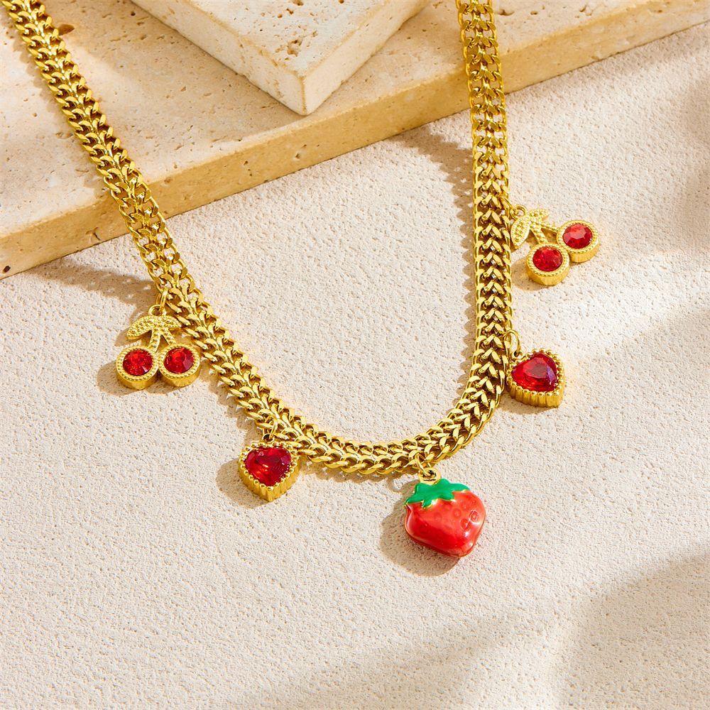European and American cross-border creative fresh fruit series design three-dimensional strawberry and cherry pendant chain stainless steel necklace