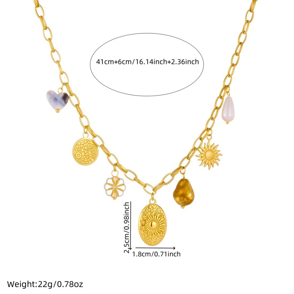 European and American style retro gold-plated oval sunflower pearl pendant accessory stainless steel chain necklace