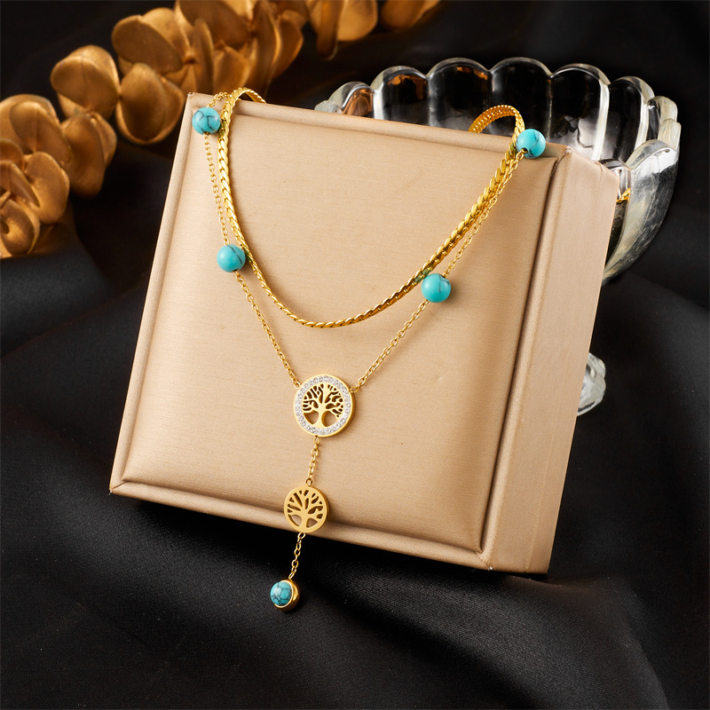 European and American cross-border fashion high-end retro double-layered gold-plated stainless steel chain palm eye pendant necklace