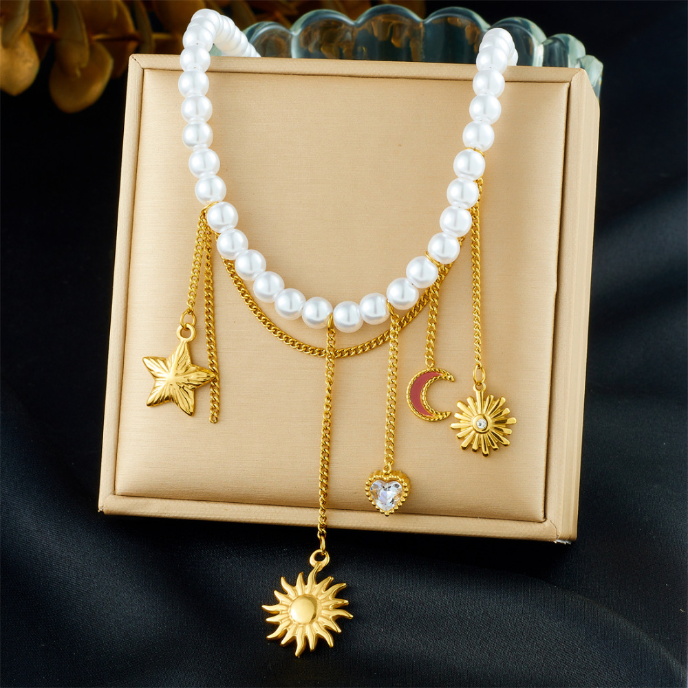 New cross-border fashion stainless steel beaded women's necklace with sunflower pendant and tassel.