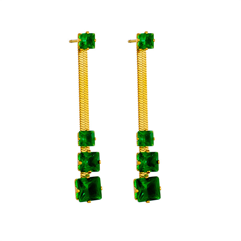 Korean style niche fashion minimalist blade chain square transparent green diamond-encrusted earrings retro titanium steel metal studs