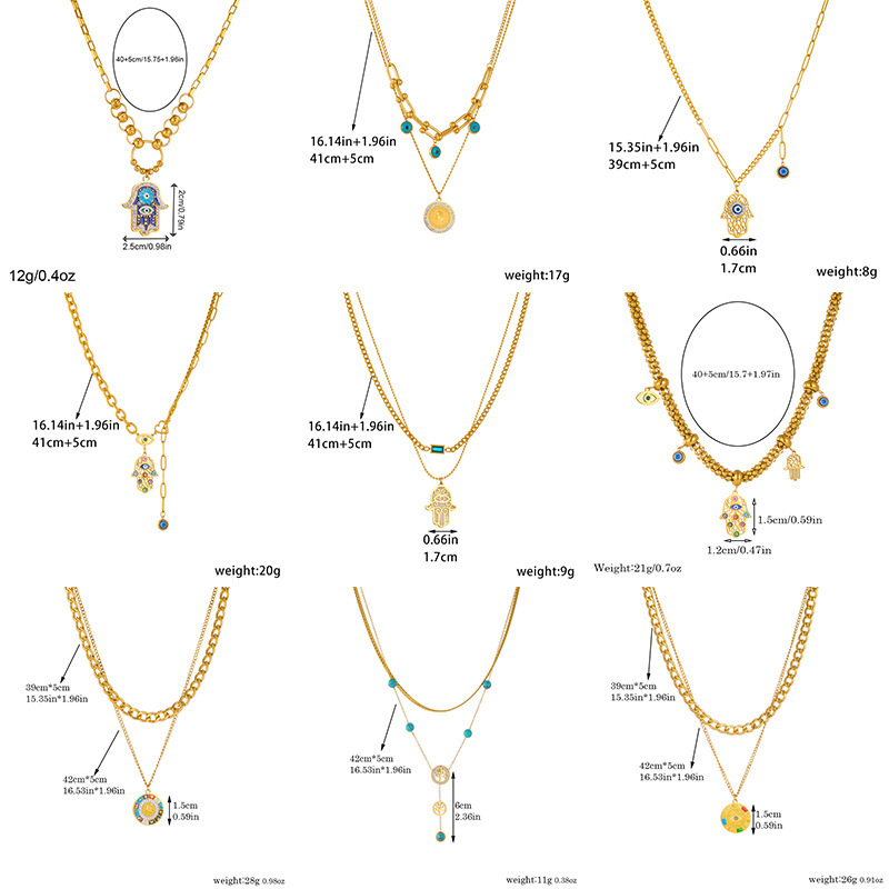 European and American cross-border fashion high-end retro double-layered gold-plated stainless steel chain palm eye pendant necklace