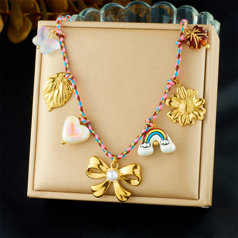 DIY stainless steel pendant necklace with colorful rope from Europe and America, creative and unique ceramic rainbow bow choker.