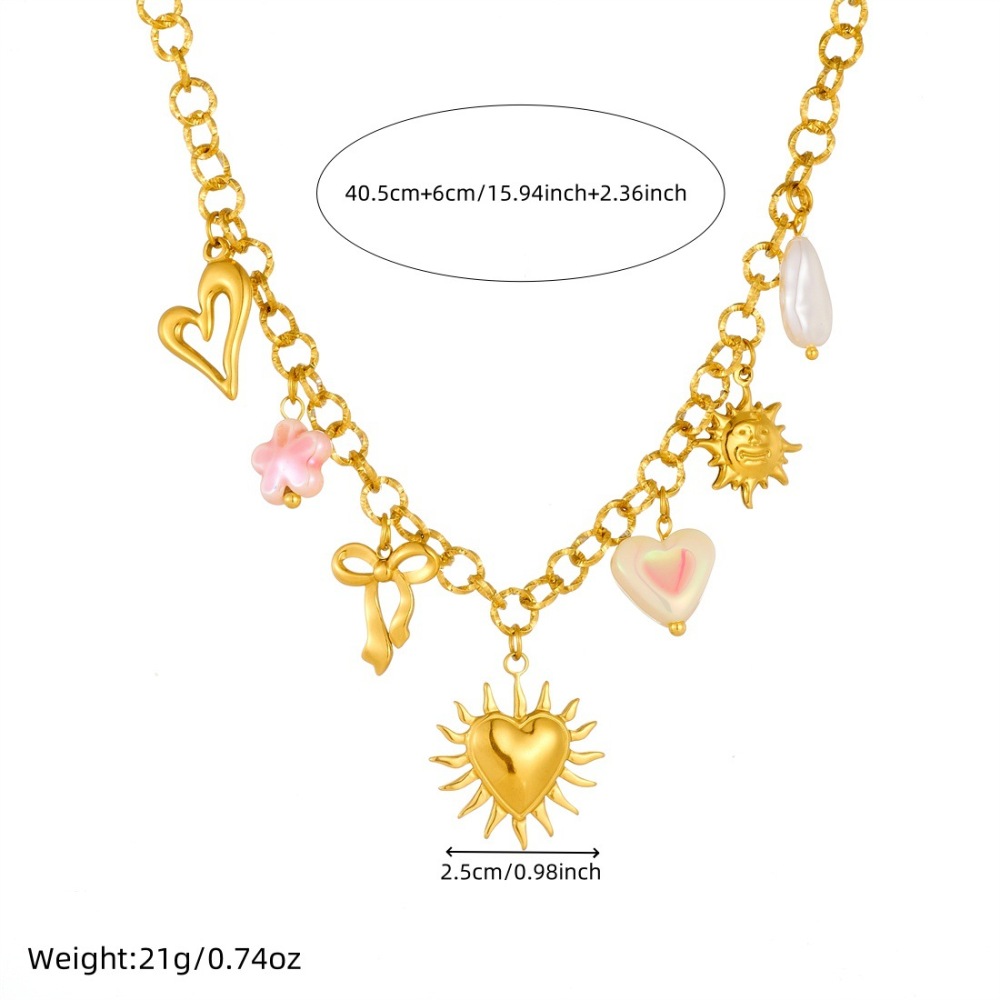 European and American cross-border multi-element gold-plated sun heart bow pendant pearl sparkling O chain stainless steel clavicle necklace
