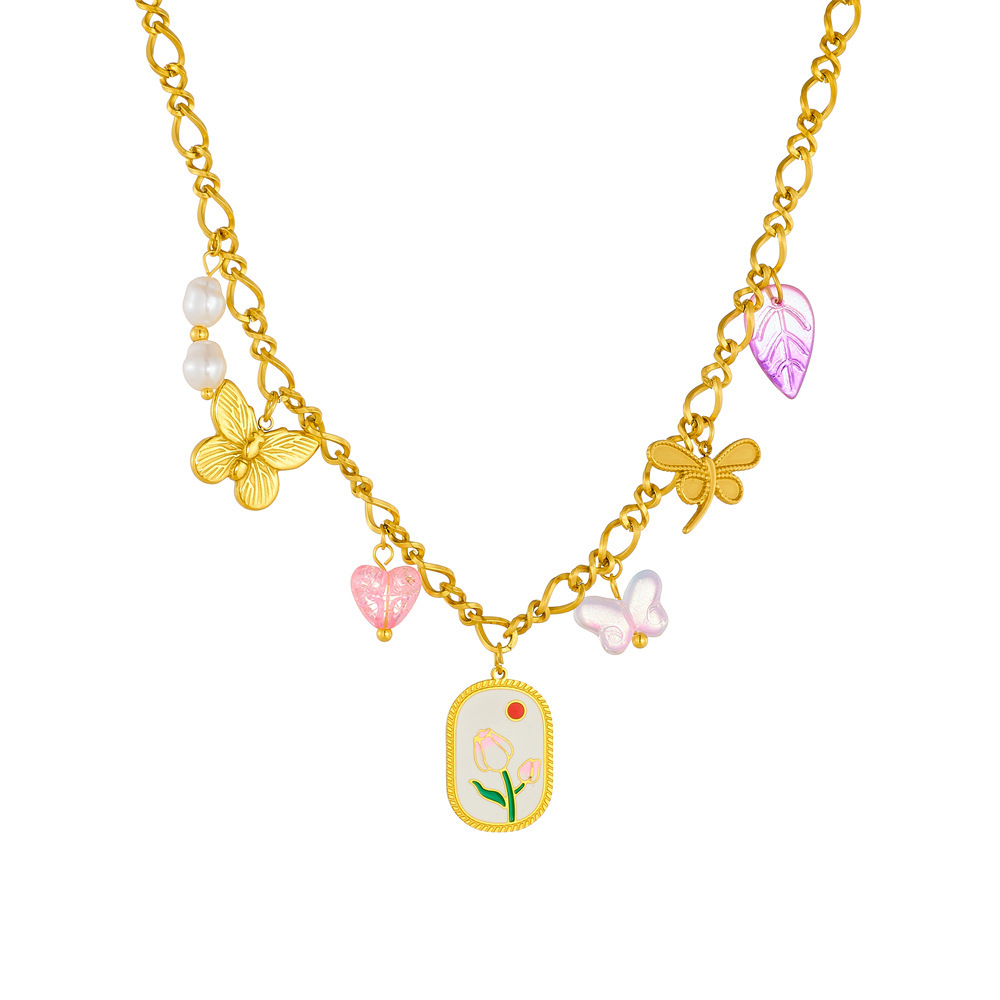 New cross-border printed oil-drop square butterfly dragonfly heart accessory pendant stainless steel chain jewelry necklace