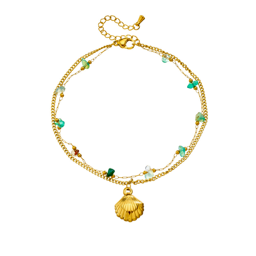 New summer beach style green gradient pebble and seashell accessories double-layered chain stainless steel anklet