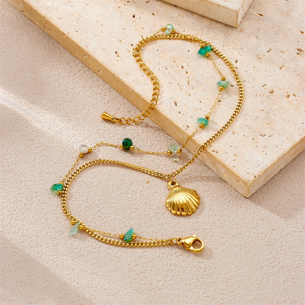 New summer beach style green gradient pebble and seashell accessories double-layered chain stainless steel anklet
