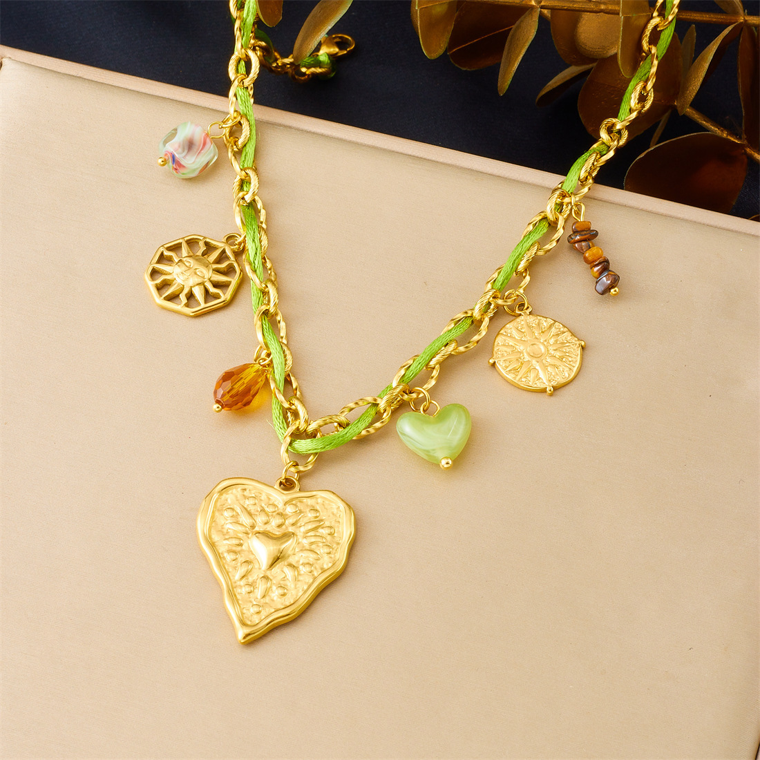 Cross-border popular colorful pendant braided rope metal chain gold-plated irregular heart accessory pastoral style necklace