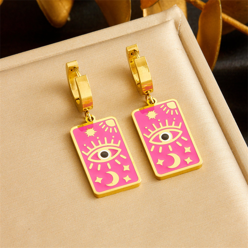 Vintage square dripping eye of God earrings pendant double-layer necklace stacked star and moon clavicle chain jewelry set