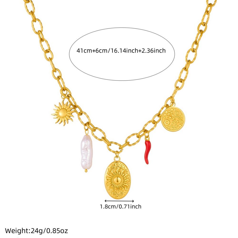 European and American cross-border fashion personalized oval plaque embossed sun pattern pendant gold-plated stainless steel pearl chili pepper necklace