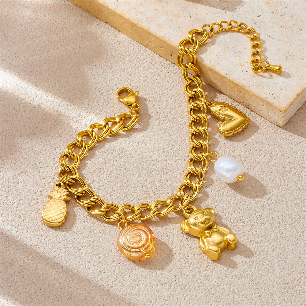 Fashionable cross-border double-chain gold-plated stainless steel heart pineapple bear pendant pearl jewelry bracelet