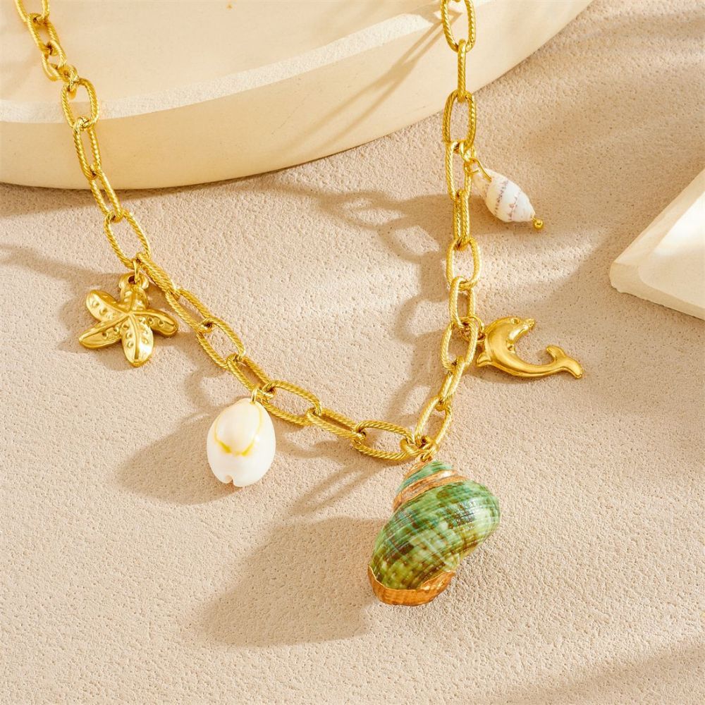 Cross-border fashion ocean beach style seashell and conch pendant retro gold-plated starfish and dolphin stainless steel chain necklace