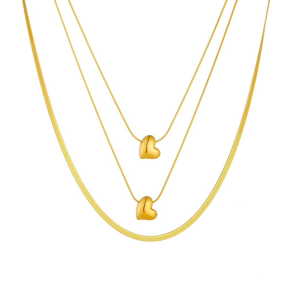 New European and American cross-border fashion style gold-plated smooth heart pendant multi-layer chain stainless steel minimalist style necklace