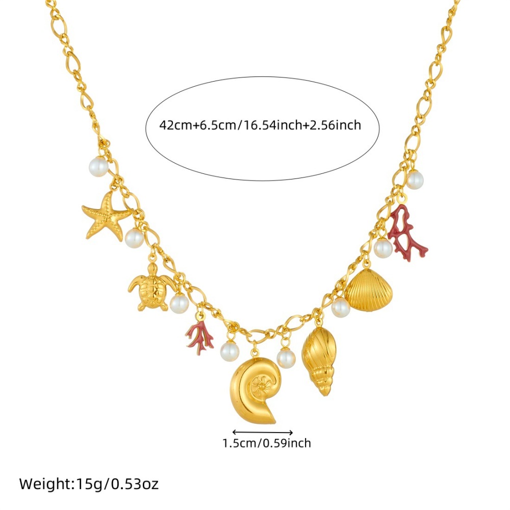 Cross-border fashion niche design gold-plated starfish, conch, coral dripping oil pendant stainless steel chain personalized necklace